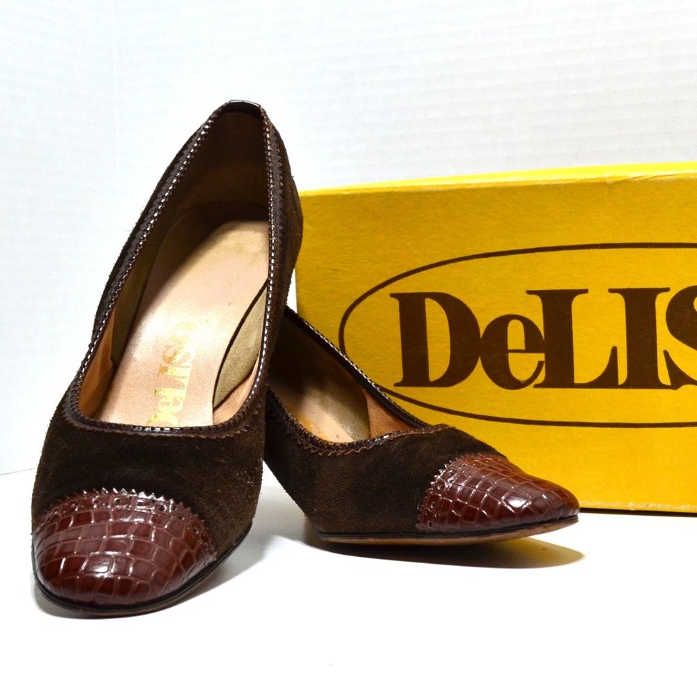 Vintage DeLiso Pumps Womens Size 9 Brown Suede Leather and Crocodile 1960s